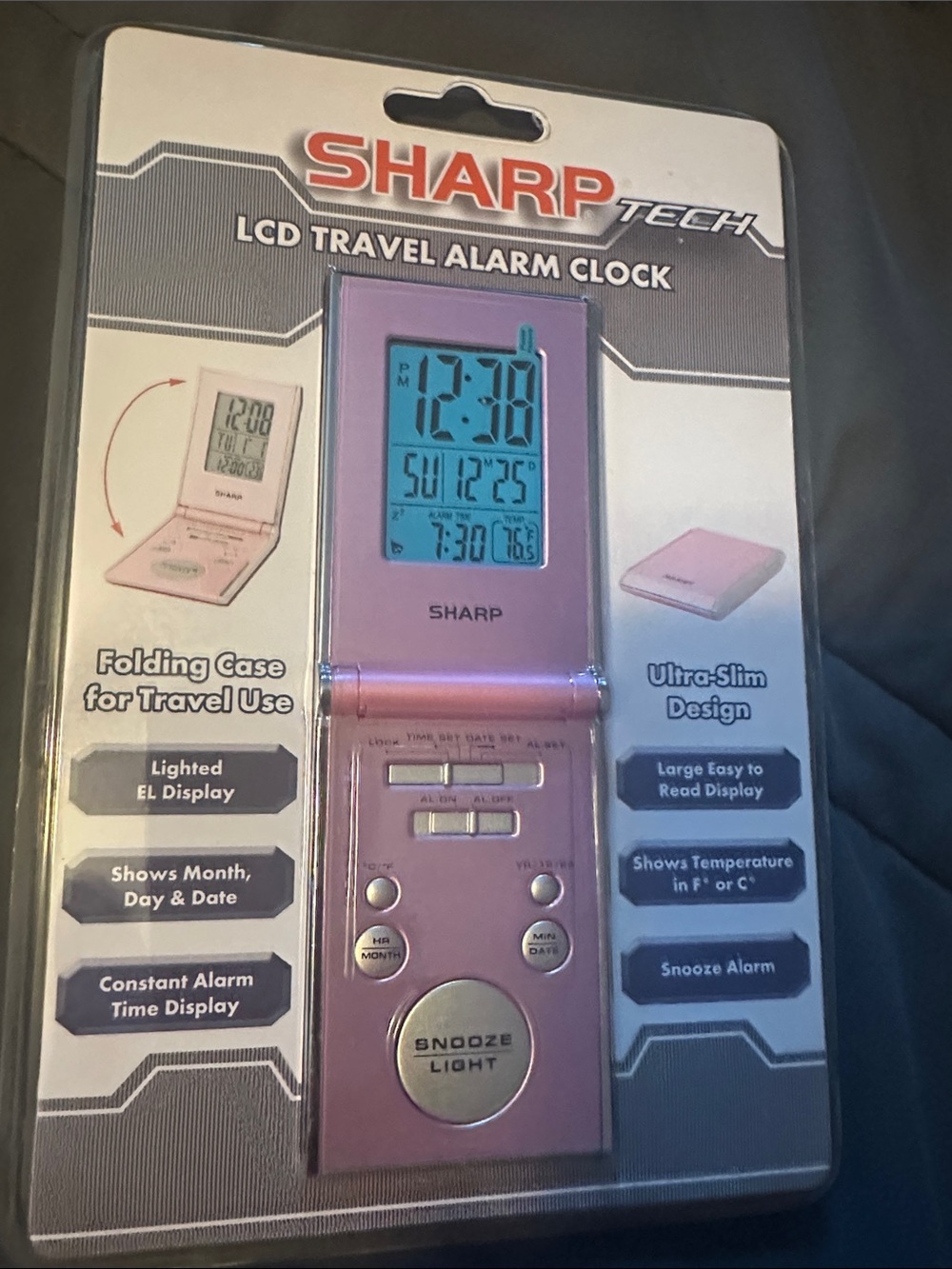 SHARP Tech Pink LCD Travel Alarm Clock – Folding Snooze Light